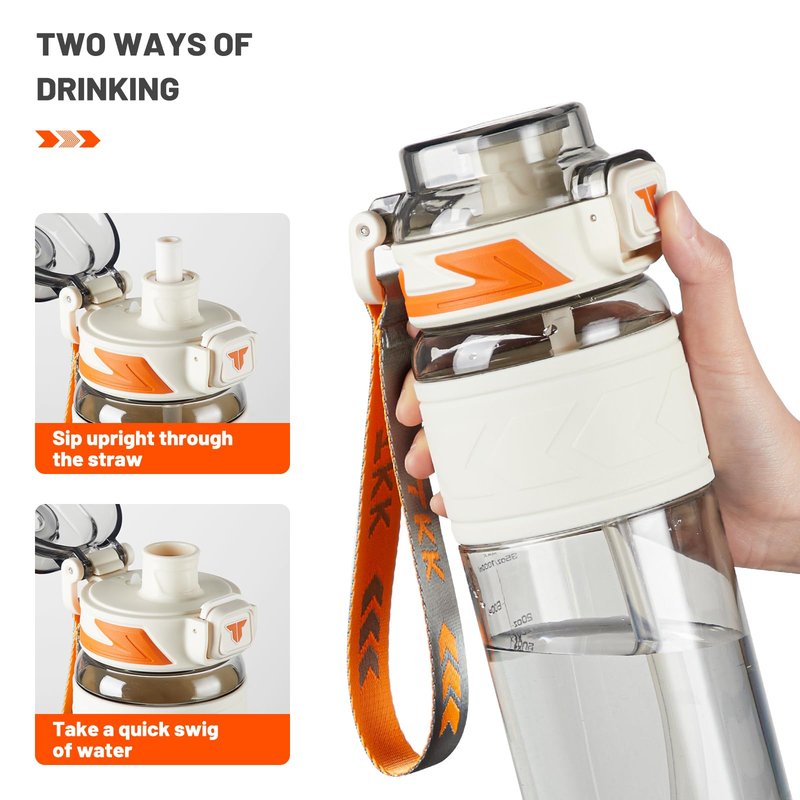 TKK Sports Water Bottles with Removable Straw 34 oz Leak-proof Flip Top Lid BPA Free Tritan Bottles with Strap for School, Fitness, Gym, Outdoor, White