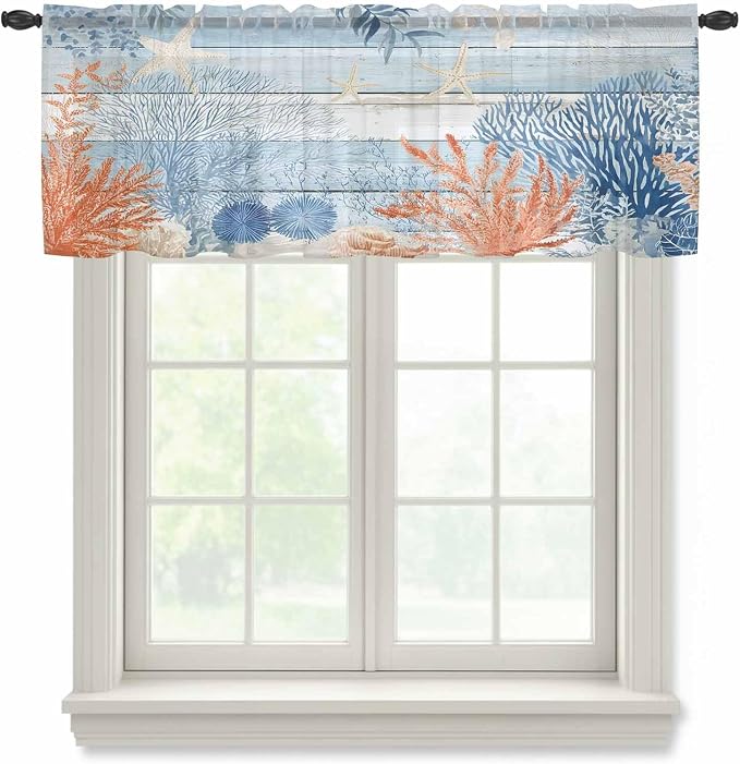 Ocean Corals Sheer Valance Curtains, Summer Beach Coral Sea Stars Blue Wood