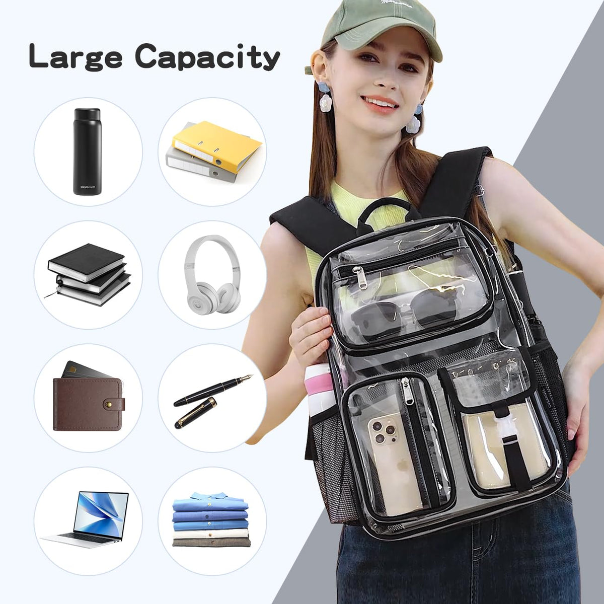 Cusangel Clear X-Large Backpack Heavy Duty Clear BookBag,17.5inch TPU Large Capacity See Through Backpack for Sport Events,Travel,Plastic backpacks for 15age+