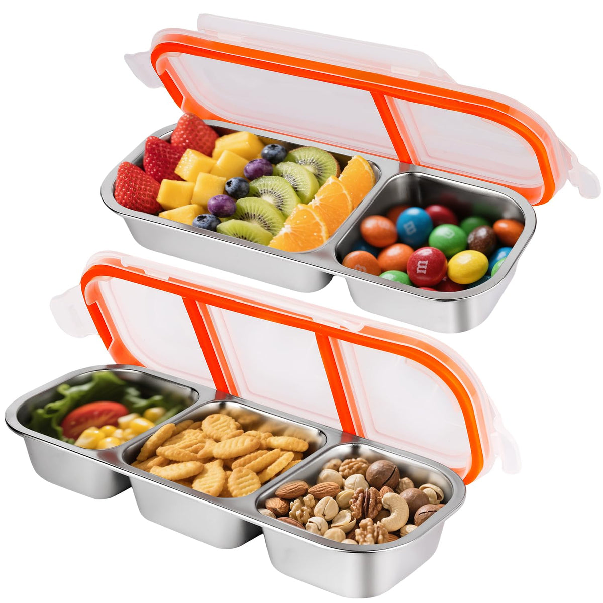 Ctarlitu Stainless Steel Snackle Container For Adults, Reusable Bento Lunch Box Snack Containers, 2 Compartment Divided Food For Home Work Travel