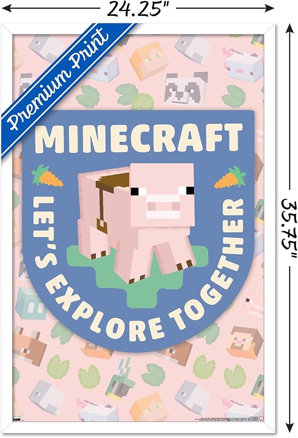 Trends International Minecraft - Let's Explore Together Wall Poster, 34L x 22.4W, White Framed Version