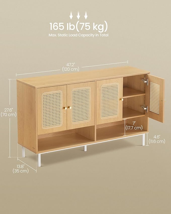 VASAGLE Natural Rattan 3-Tier Shoe Cabinet, 24 Pair Shoe Storage Cabinet, Boho Style Shoe Organizer with Height-Adjustable Shelves and Steel Legs, for Entryway, Closet, Hallway, Oak Beige ULBC050N01