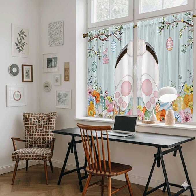Easter Bunny Kitchen Curtains 54 Inch Long 2 Panel Set, Rod Pocket Window