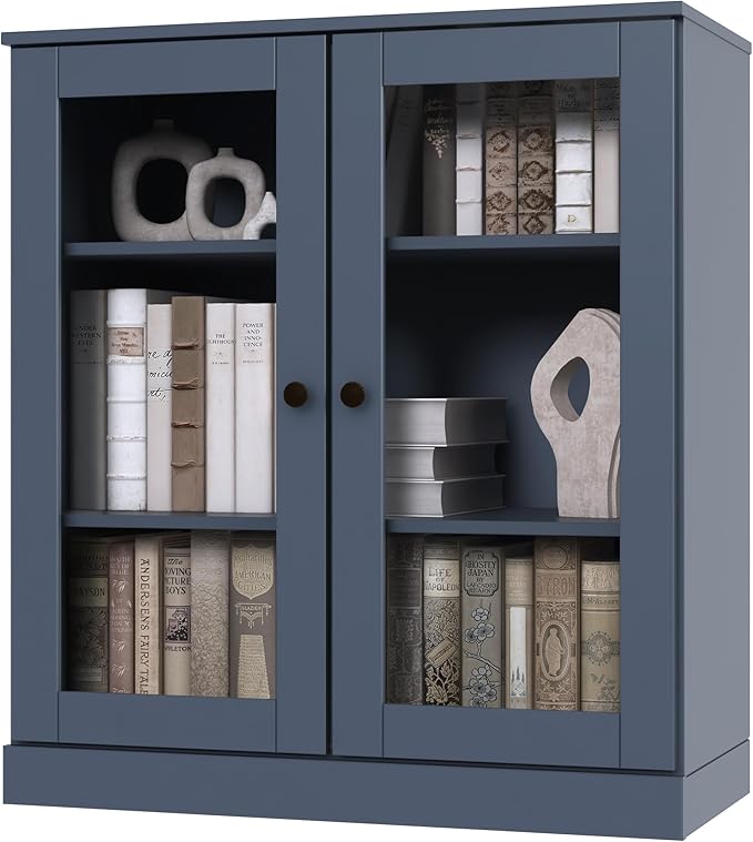 Palace Imports Solid Wood Bookcase - Floor Standing Bookshelf - 32” W - Display Furniture, Renewable 100% Eco-Friendly Wood, Made in Brazil (Antique Blue, Clear Glass Doors | 3-Shelf Short Bookcase)