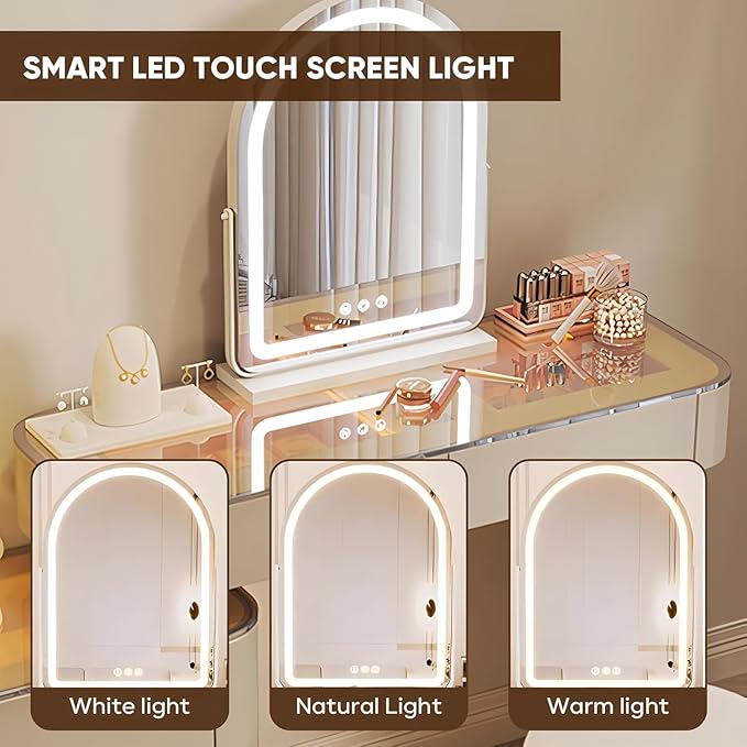 Vanity Set - Solid Wood Vanities Desk with LED Smart Mirror and Drawers, Modern Vanity Table with Glass Countertop and Makeup Stool, Vanities for Bedroom, Gifts for Her (Khaki)