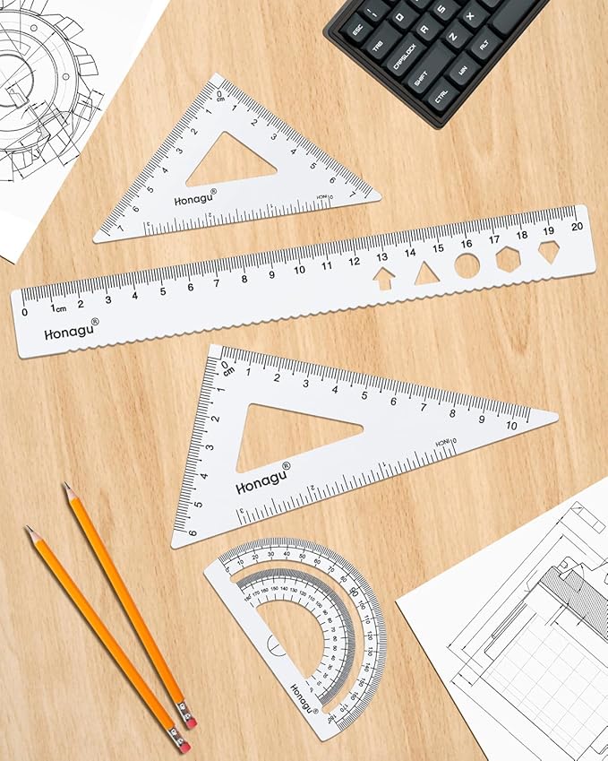 Honagu Triangular Ruler Set, 4 Pieces Aluminum Alloy Ruler, Metal Drafting Ruler, Geometric Protractor for Students, Draftsmen, Engineers, Home School Office Supplies (20cm/7.87inches, Pink)