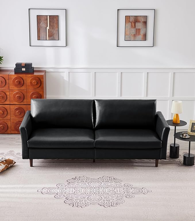 Kingfun Faux Leather 3 Seat Couch for Living Room, Mid Century Modern Sofa with Rolled Arms and Deep Seats, Fluffy Comfort for Apartment, Easy to Assemble, Black