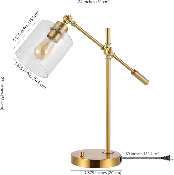 JONATHAN Y 23" Brass Gold 1-Light Iron and Seeded Glass Task Lamp, Modern Industrial Adjustable Desk Lamp with USB Charging Port for Home Office, UL Listed, LED Bulb Included JYL3082A