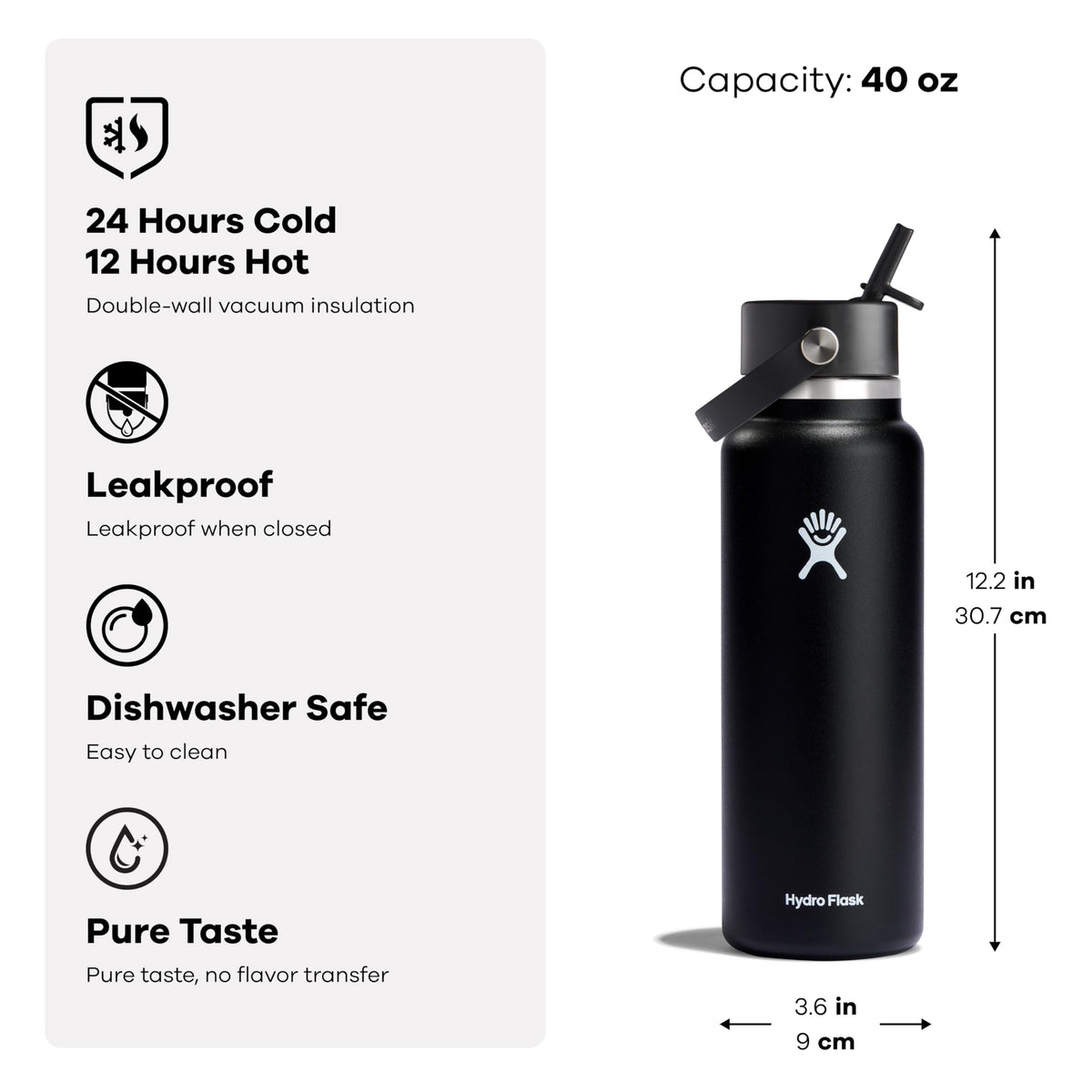 Hydro Flask Water Bottle - Insulated Stainless Steel - Wide Mouth Flex Straw Lid, Non Spill, Leakproof and Refillable in 40 Oz Botanical Bliss Agave