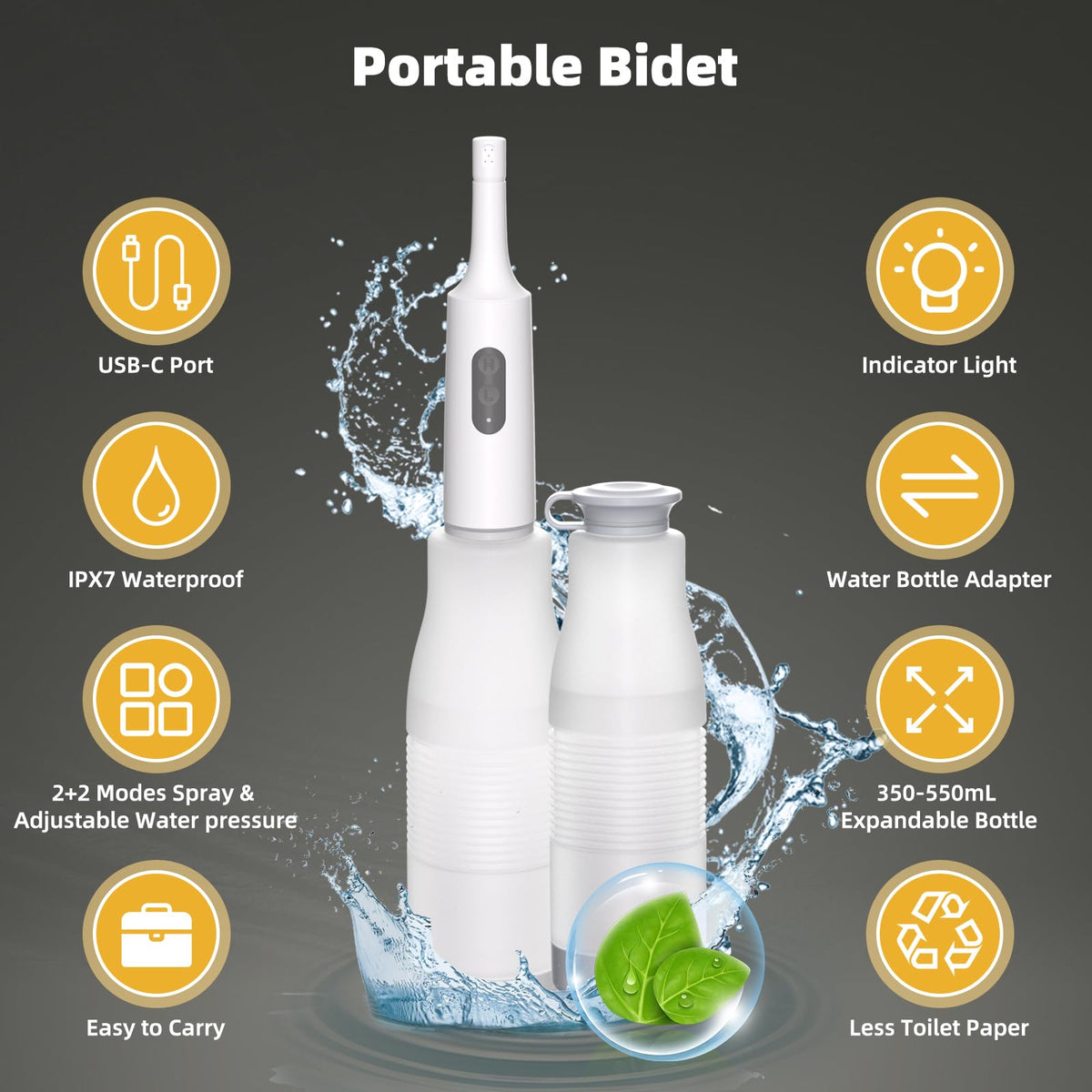 Hibbent Portable Bidet for Travel, High Pressure Electric Handheld Bidet Sprayer, 350-550ML Expandable Bottle for Personal Hygiene, USB-C Rechargeable Waterproof, Travel Sprayer for Women & Men, White