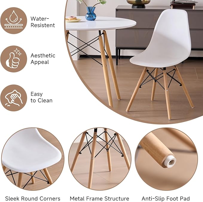 35.5'' 5 Piece Round Dining Table Set for 4, Mid-Century Modern Table with Chairs, Space Saving, Plastic Seats, Wood Legs, Circle Dinner Table for Kitchen, Home, Apartment, White