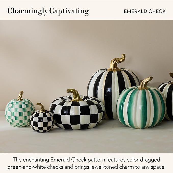 MACKENZIE-CHILDS Pumpkin, Resin Halloween and Fall Decor, Small, Green-and-White Emerald Check