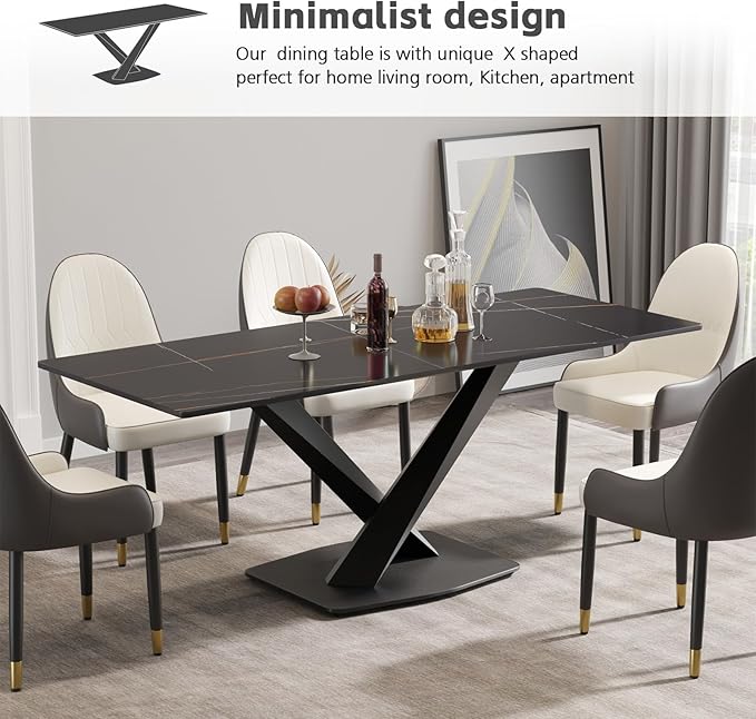 Modern Rectangle Marble Dining Table for 6,71" Black Sintered Stone Top Dining Table,Rectangle Dining Room Table with X-Shape Carbon Steel Pedestal for Kitchen/Living Room(Table Only)