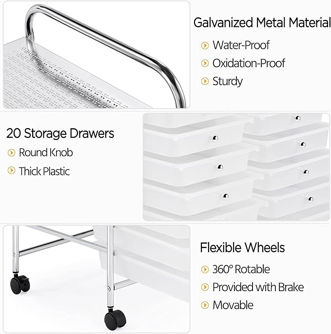 Yaheetech 20 Drawers Rolling Storage Cart Multipurpose Movable Organizer Cart Tools Scrapbook Paper Organizer on Wheels, White
