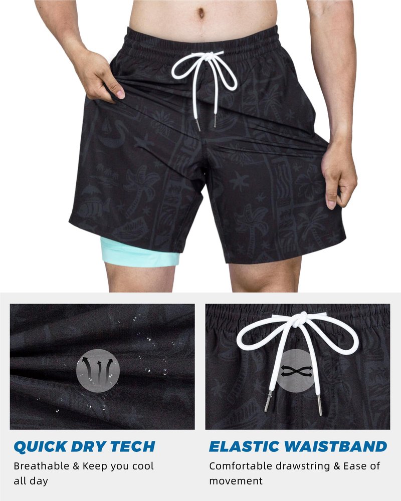 SURF CUZ Mens Swim Trunks with Compression Liner Quick Dry Swim Shorts 7" Swimming Trunks Stretch Zipper Pockets,Cool Coast,XL