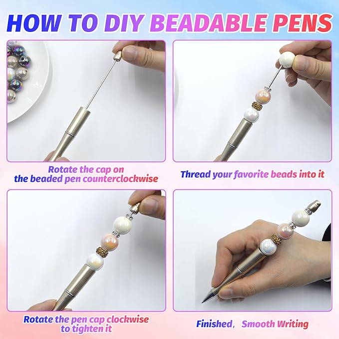 150 Pieces DIY Beadable Pen Kit – 50 Plastic Ballpoint Pens with Refills & Bags – School Supplies, Office Accessories & Decorative Items for Students & Teachers (Gold)