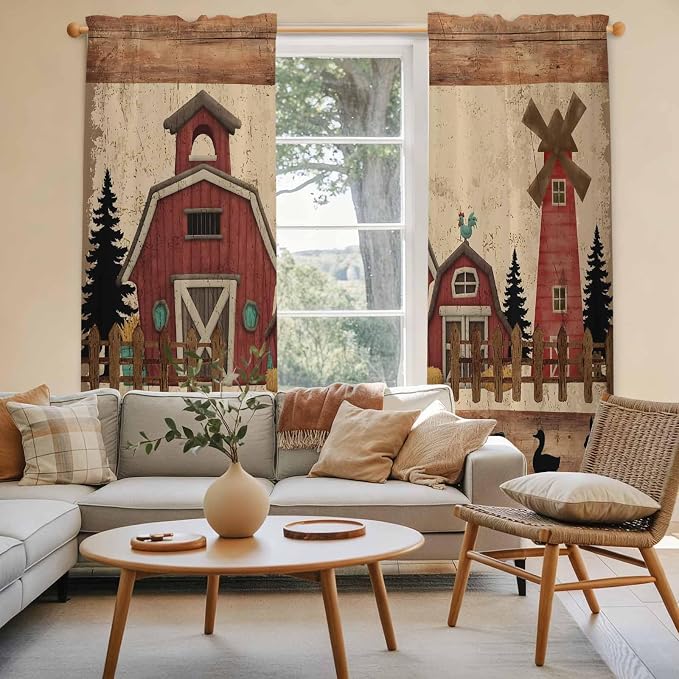 Brown Farmhouse Kitchen Curtains, Vintage Country Animals Wooden Grain Light