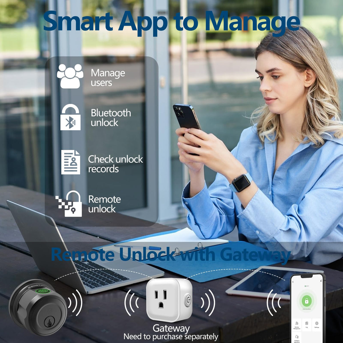 GeekTale Smart Deadbolt, Fingerprint Deadbolt Lock, Fingerprint Door Knob with Lock, Keyless Deadbolt, Keyless Entry Door Lock with App, for Front Door, Garage, Easy Installation