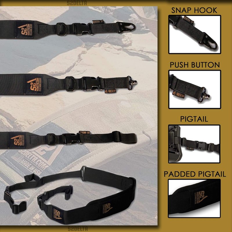 S2Delta - USA Made Premium 2 Point Rifle Sling, Fast Adjustment, Modular Attachment Connections, Comfortable 2” Wide Shoulder Strap (Black, Snap Hook)