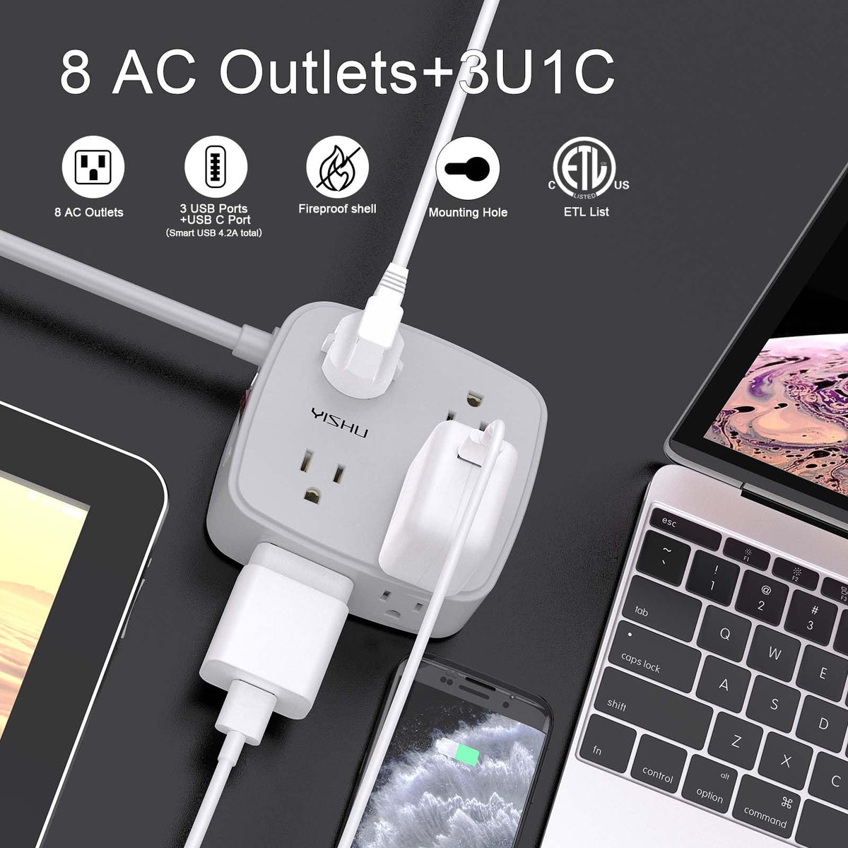 10 Ft Surge Protector Power Strip - 8 Widely Outlets with 4 USB Ports, 3 Side Outlet Extender with 10 Feet Extension Cord, Flat Plug, Wall Mount, Desk USB Charging Station, ETL, Grey