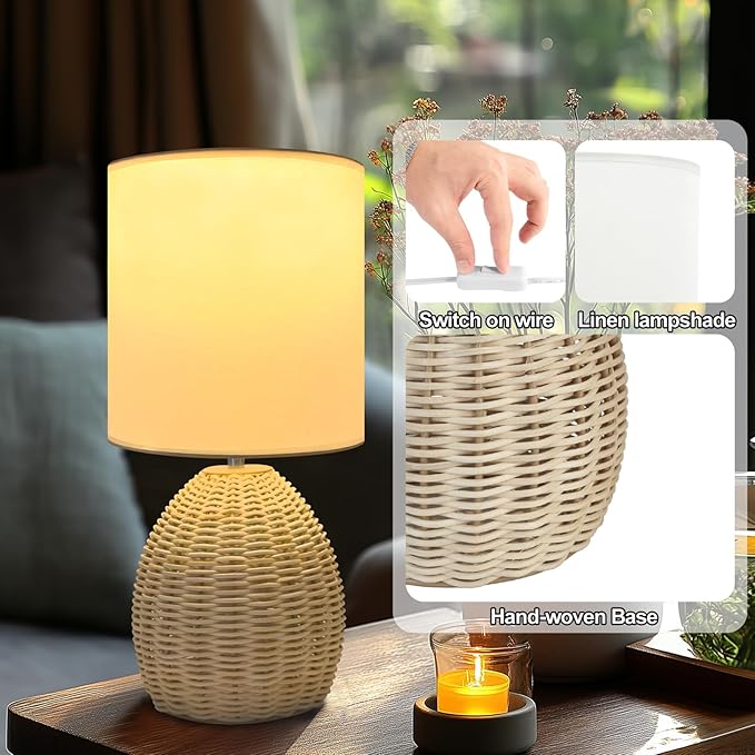 Boho Rattan Table Lamp - 3 Color Temperature, Handwoven Nightstand Lamp for Bedroom & Living Room