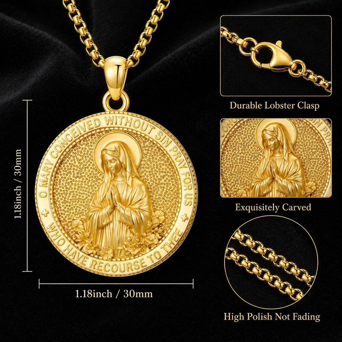 Taioiat 14K Gold Virgin Mary Medal Pendant Necklace Charm for Men