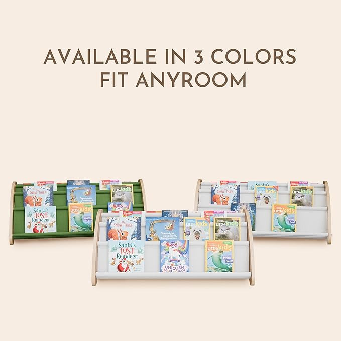 Toddler Bookshelf,4-Tier Book Rack Organizer with Fabric Storage Pockets, Wooden Bookshelves with Open Forward Display, Montessori Book Shelf for Nursery/Playroom, Natural Flower Design/White