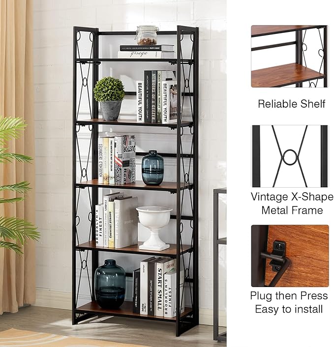 VECELO Folding Bookshelf, 5 Shelf Bookcase No Assembly, Industrial Metal Frame Book Shelves Organizer for Living Room, Office,Brown, 1 Set