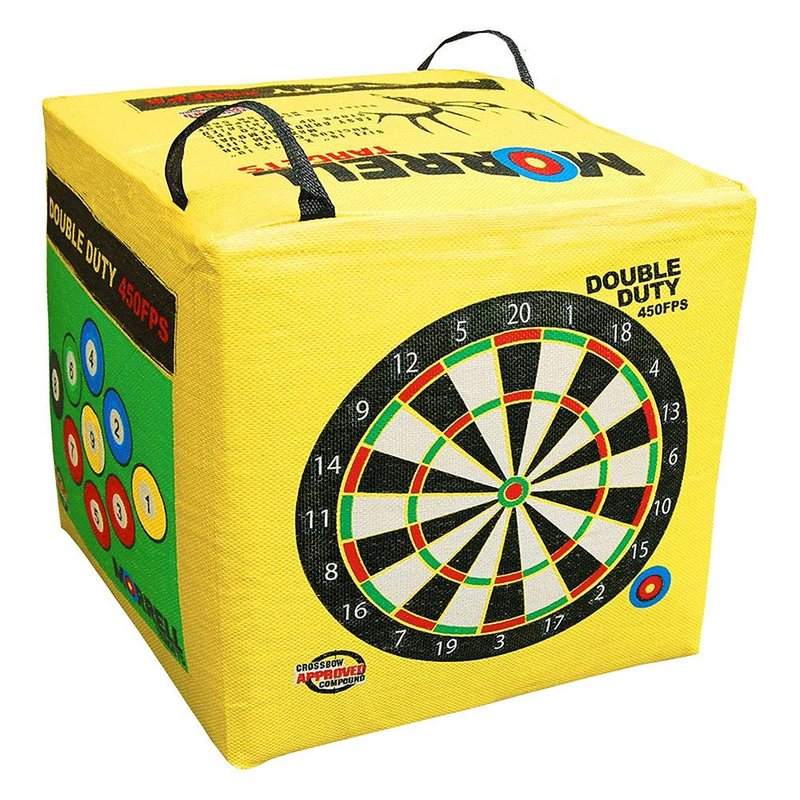 Morrell Double Duty 450 FPS Cube Field Point Archery Bag Target with Traditional Bullseyes, Nine-Ball, Dartboard Game, and Deer Vitals, Yellow