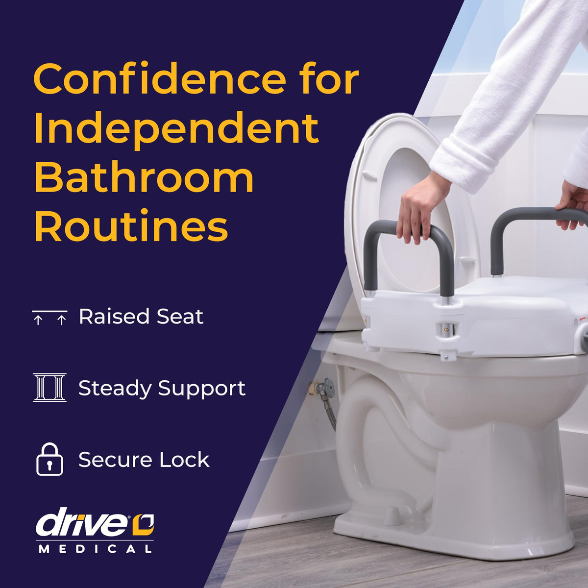 Drive Medical 2-in-1 Raised Toilet Seat with Removable Padded Arms - Elevated Bathroom Safety Support - Secure Locking Attachment - Easy Height Assistance - Durable Construction, Standard Toilets