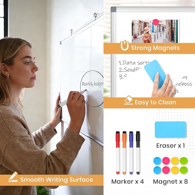 Double-Sided Magnetic White Board, 24"x 18" Dry Erase Board for Wall Mounted & Hanging with Aluminum Frame, Whiteboard for School, Office and Home