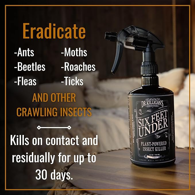 Dr. Killigan's Six Feet Under Plant Powered Insect Killer Spray | Indoor Natural Pest Control | Fleas, Pantry & Clothing Moths, Ants, & Cockroaches | Family Friendly, Pet Safe (24 oz)