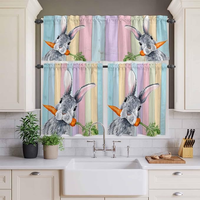Easter Kitchen Curtain Set, Spring Grey Rabbit Carrots Colorful Wooden Plank