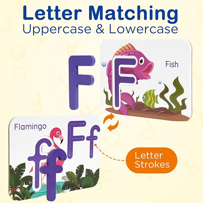 BenBen Alphabet Flash Cards, 52 Upper and Lowercase Wooden Letters, 26 Flashcards, Montessori ABC Learning Toys for Kids Ages 3-5, Preschool Learning Activities, Matching Game Puzzles