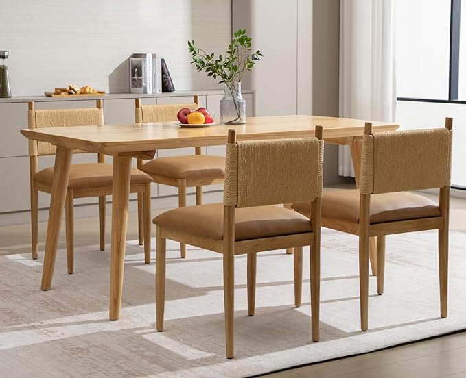 CIMOTA Faux Leather Modern Dining Chairs Set of 4, Mid Century Upholstered Dining Room Chairs with Woven Back, Armless Kitchen Chairs with Natural Solid Wood Legs, PU Brown