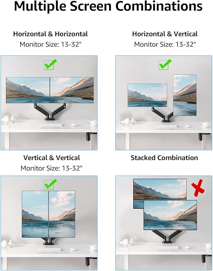 MOUNTUP Dual Monitor Stand for Desk, Monitor Arms for 2 Monitors 32 27 24 22 Inches, Height Adjustable Double Monitor Mount, VESA Mount with C-Clamp & Grommet Base, Holds 4.4-17.6lbs