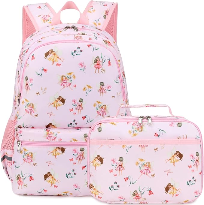 DSIUE Kids Backpack for Girls Elementary BookBags Teens School Backpack with Lunch Box Flower Fairy Pink