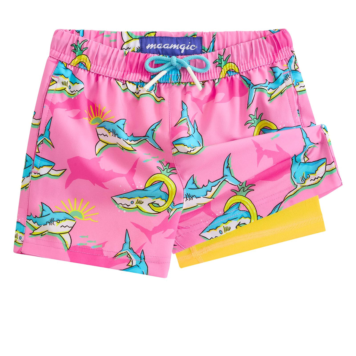 maamgic Boys Swim Trunks with Compression Liner 4-Way Stretch Quick Dry Bathing Suit Toddler Beach Shorts Peach Pink Shark 3T