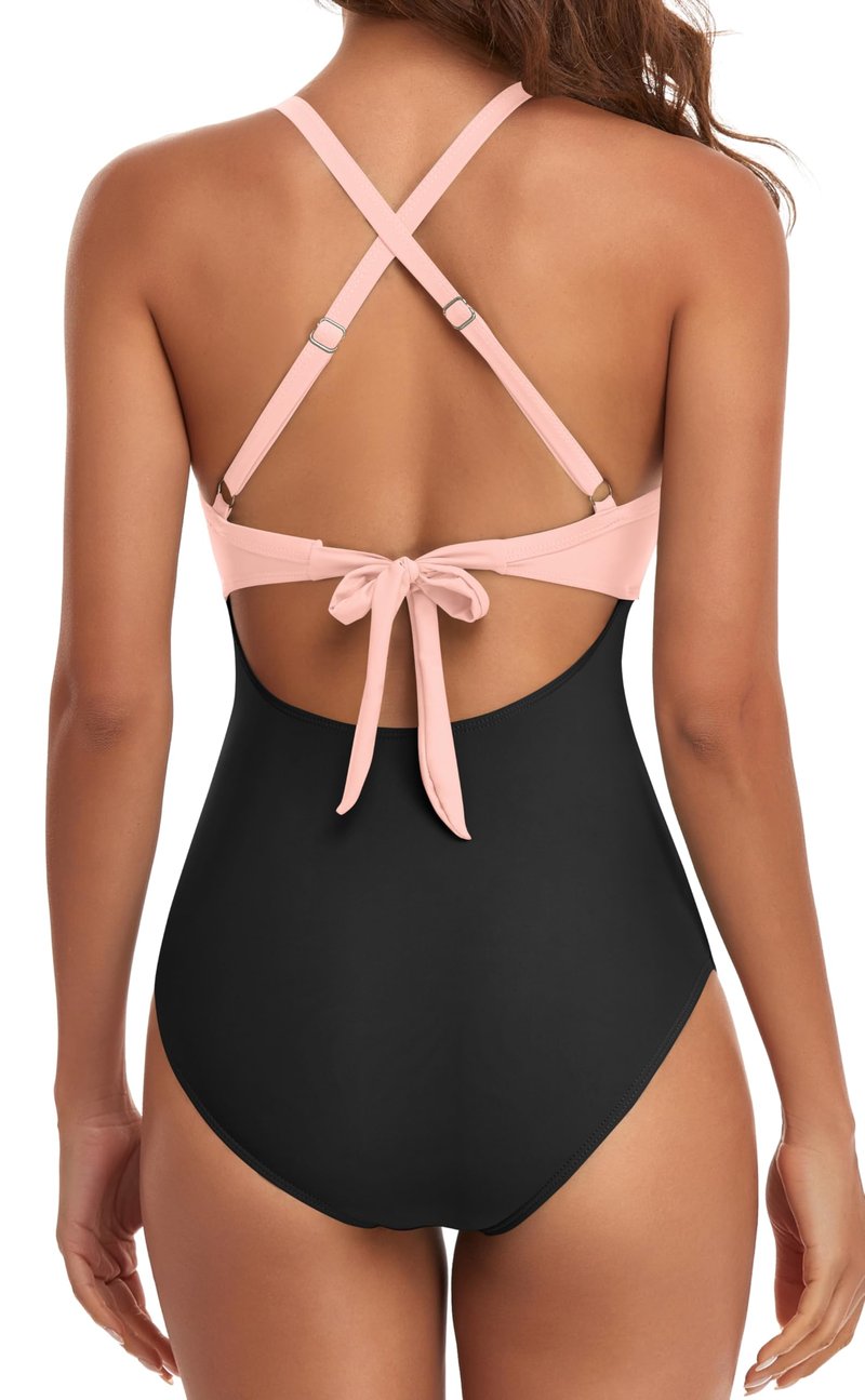 Eomenie Women's One Piece Swimsuits Tummy Control Cutout High Waisted Bathing Suit Wrap Tie Back 1 Piece Swimsuit Black Pink