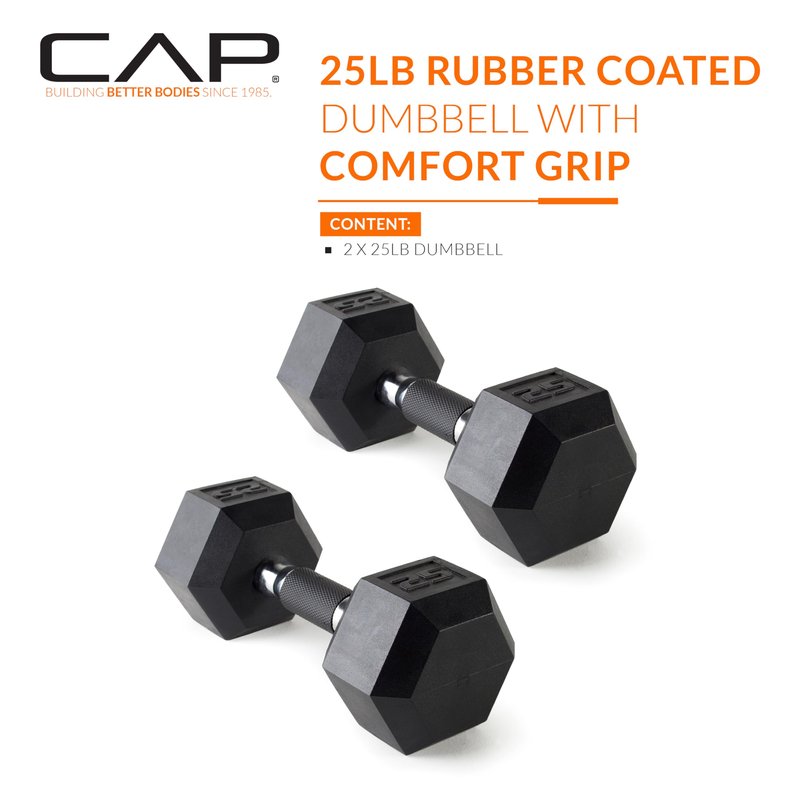 CAP 25 LB Rubber Coated Hex Dumbbell Weight, Rubber Free Weights for Home Gym Strength Training, Comfort Grip Handle, Pair