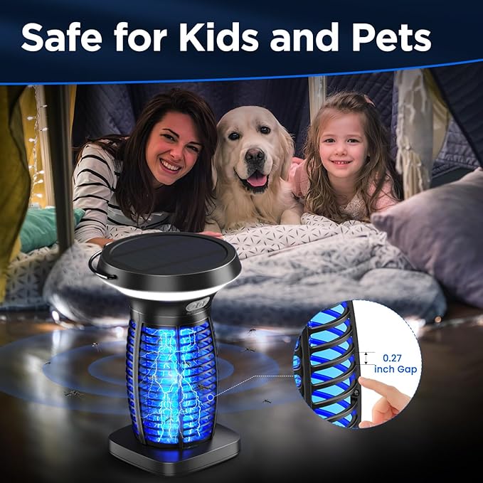 Solar Bug Zapper Outdoor Waterproof, Portable Pest Control Electric Mosquito Zapper Killer with Panel Sensor, Rechargeable Insect Trap Fly Zapper for Home, Patio, Backyard, Camping