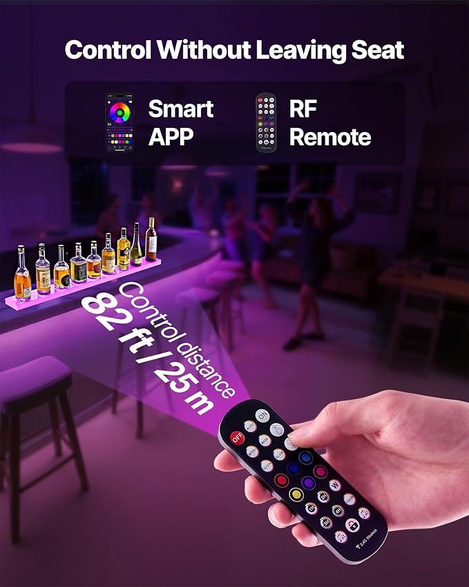 VEVOR LED Lighted Liquor Bottle Display, 1 Tier 48 Inches Whiskey Rack, Supports USB, Illuminated Home Bar Shelf with RF Remote & App Control, 7 Static Colors, Acrylic Lighted Shelf for 12 Bottles