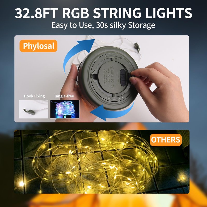 Phylosal Camping String Lights, Camping Essentials 2 in 1 Quick Storage 32.8FT Rechargeable Waterproof Tent Lights with with 6 Modes, Portable LED Hanging Light for Outdoor Patio Awning Garden Party