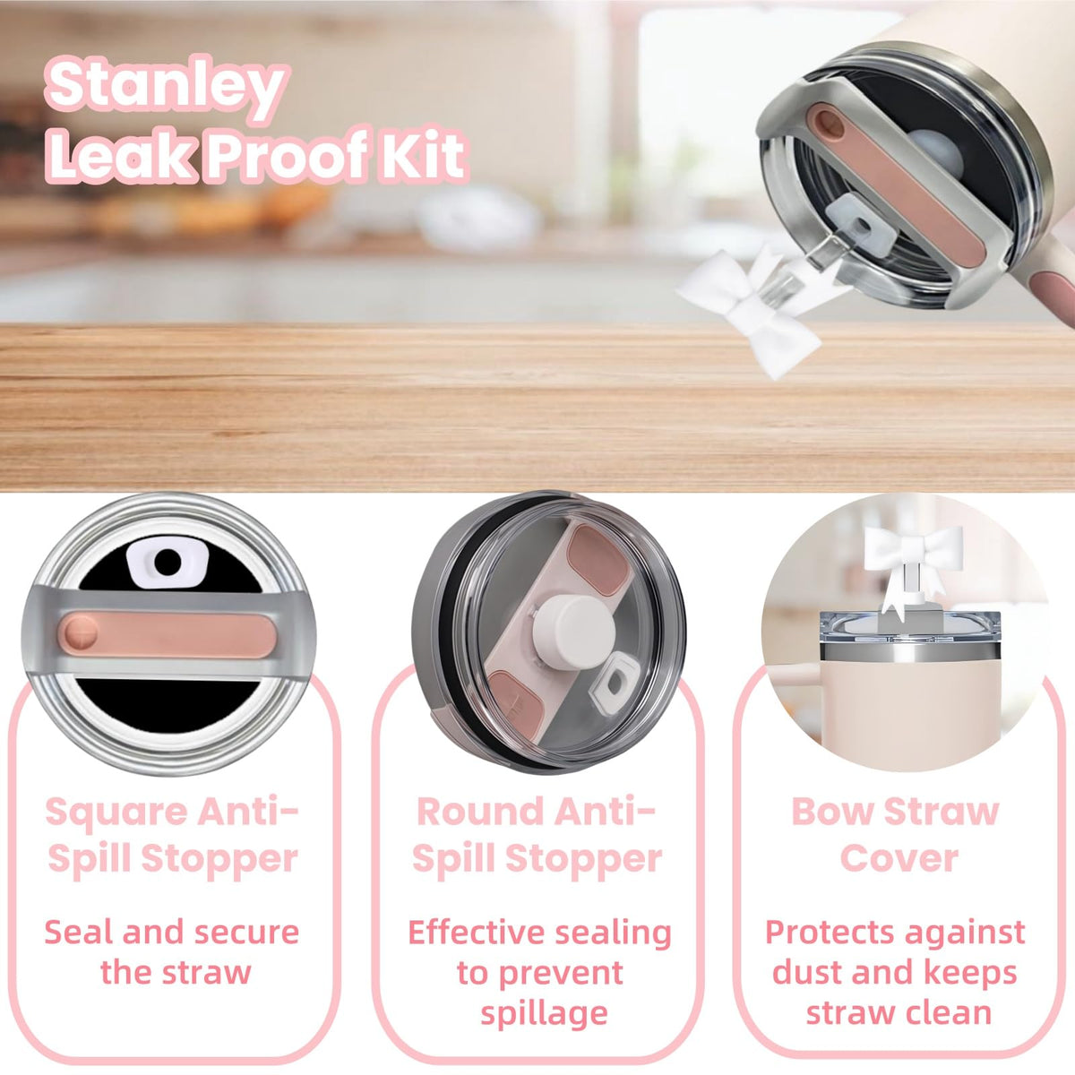 6PCS White Stanley Cup Accessories Set Fit for Stanley Cup 30oz 40oz. Including Handle Charm, Personalized Initial Sticker, Straw Topper, Sparkly Silicone Boot, Spill Proof Stopper