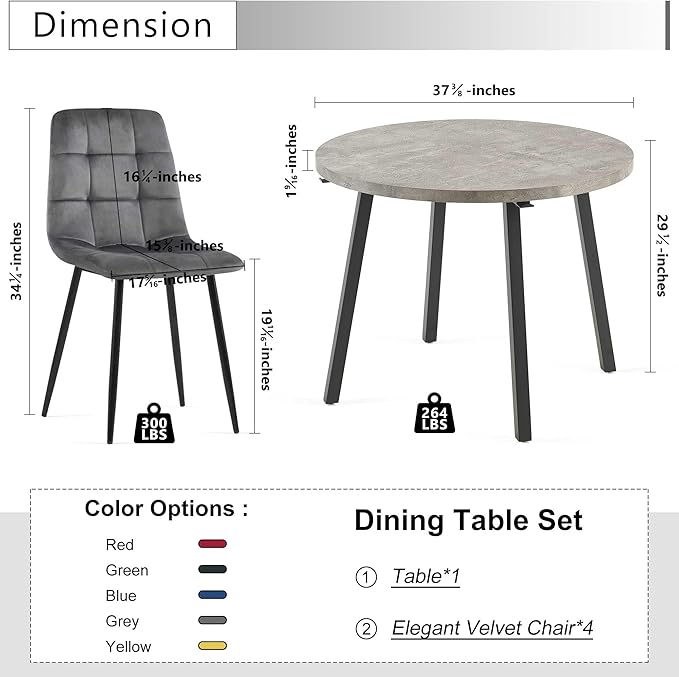 Modern 4-Person Round Dining Table Set, Space-Saving for Kitchen, Living Room, Apartment, Includes Dining Table & 4 Grey Chairs,Small Dining Room Set for 4