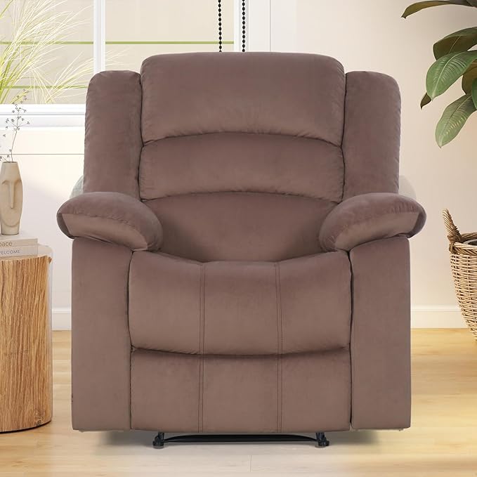 ANJ Fabric Recliner Chair with Overstuffed Arm and Back, Comfy Chocolate Manual Reclining Chairs for Adults, Living Room Single Sofa Recliners