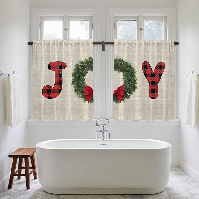 Red Green Christmas Kitchen Tier Curtains 45 Inch Long 2 Panel Set, Rod Pocket