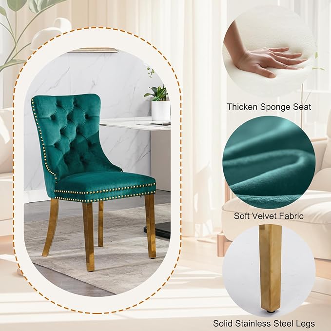 7-Piece Faux Marble Round Dining Table Set for 6, Modern Luxury Kitchen Table Set for 6 with Green Tufted Chairs,Circle Dining Tables with White Marble Grain Top and Bronze Pedestal Base