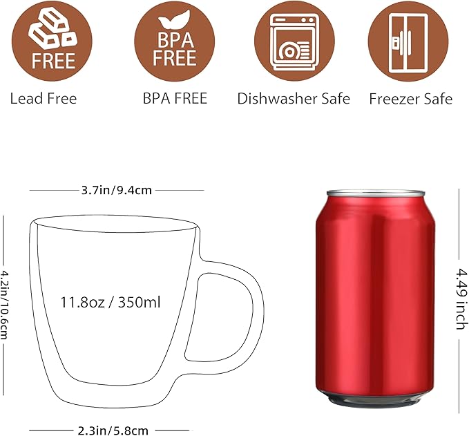 CNGLASS Large Glass Coffee Mugs 12oz,Double Walled Insulated Cappuccino Mug with Handle,Set of 4