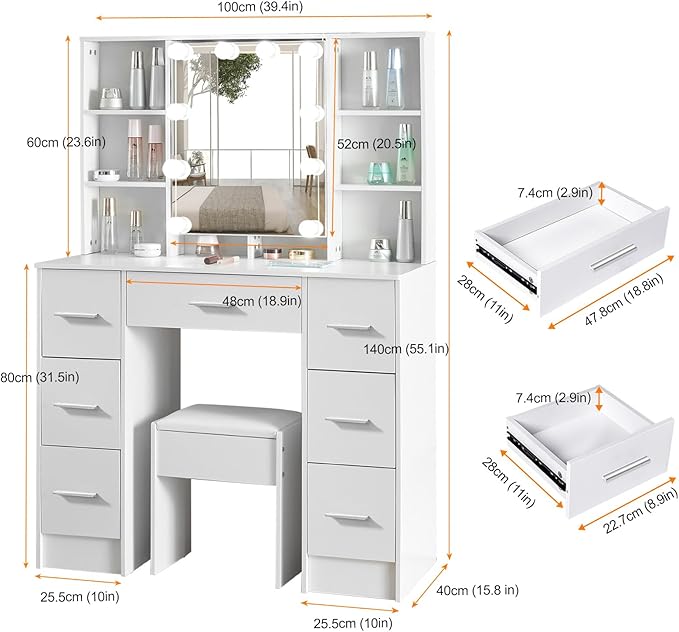 Makeup Vanity with Mirror and Lights, Vanity Desk with Chair and 7 Storage Drawers, White Vanity with Lights for Bedroom, Dressing Table Set for Women and Girls